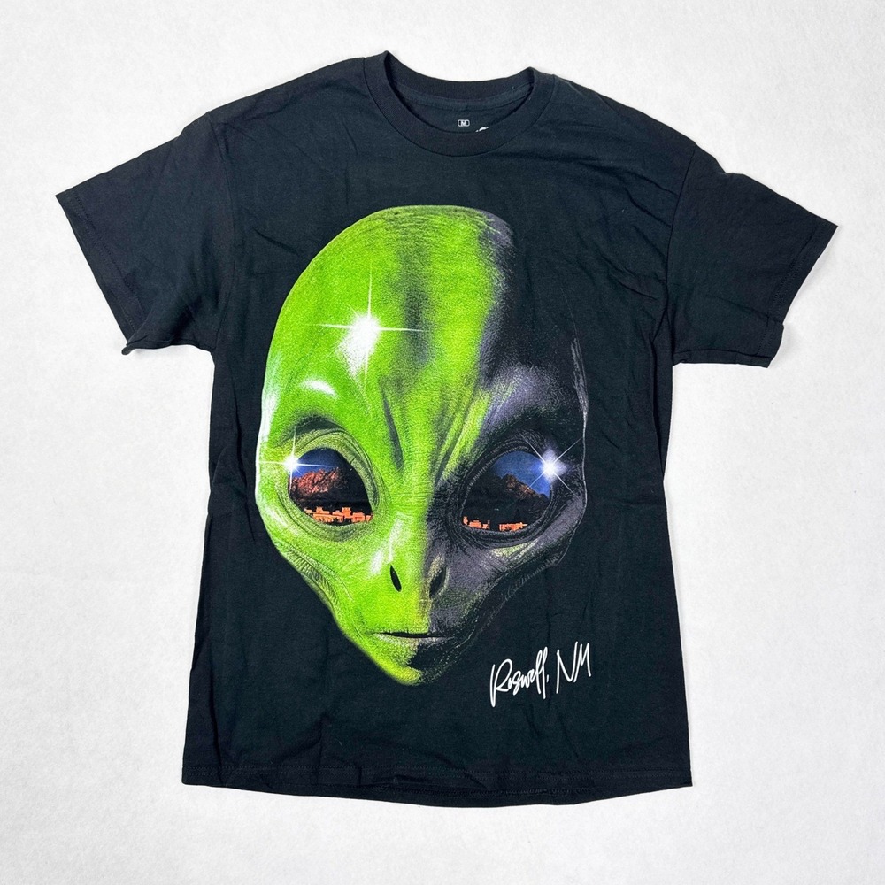 Strange Daze Alien Graphic T-Shirt Roswell NM Mens M Black Cosmic Novelty Tee‎